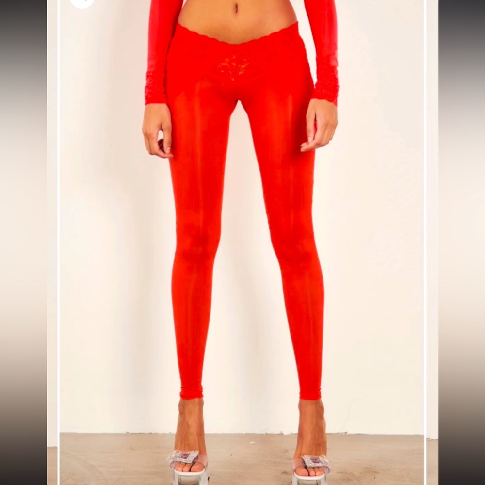 Margot Lace Panel Semi-Sheer Leggings Red